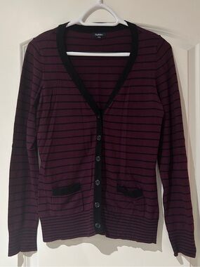 Reitmans Plum and Black Striped V-Neck Cardigan